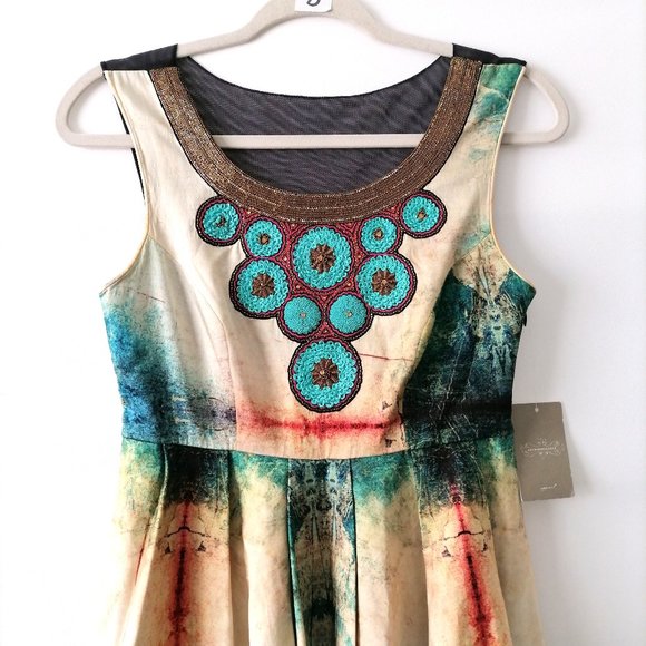 Anthropologie Bhanuni By Jyoti Turquois Embroidery Beaded A-Line Dress Sz 0 - Picture 3 of 9